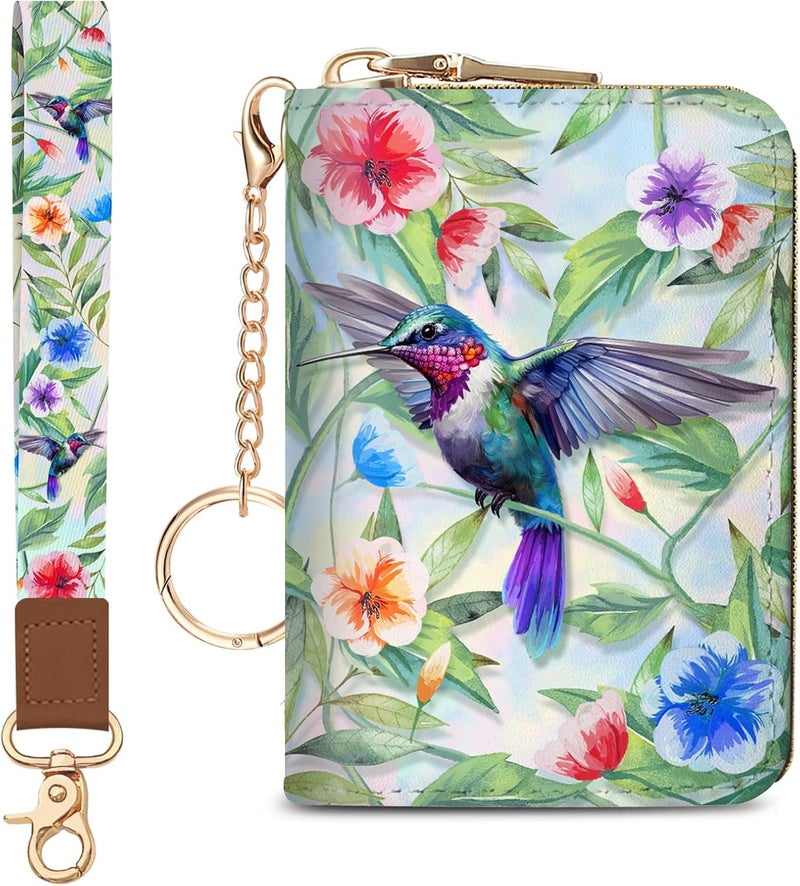 Blusabaca Credit Card Holder for Women, Bird Small RFID Blocking Wallet with Wristlet Strap, Keychain Wristlet Zipper Women Wallet, Leather Card Case, Accordion Card Wallet Purse with Key Lanyard - Image 1